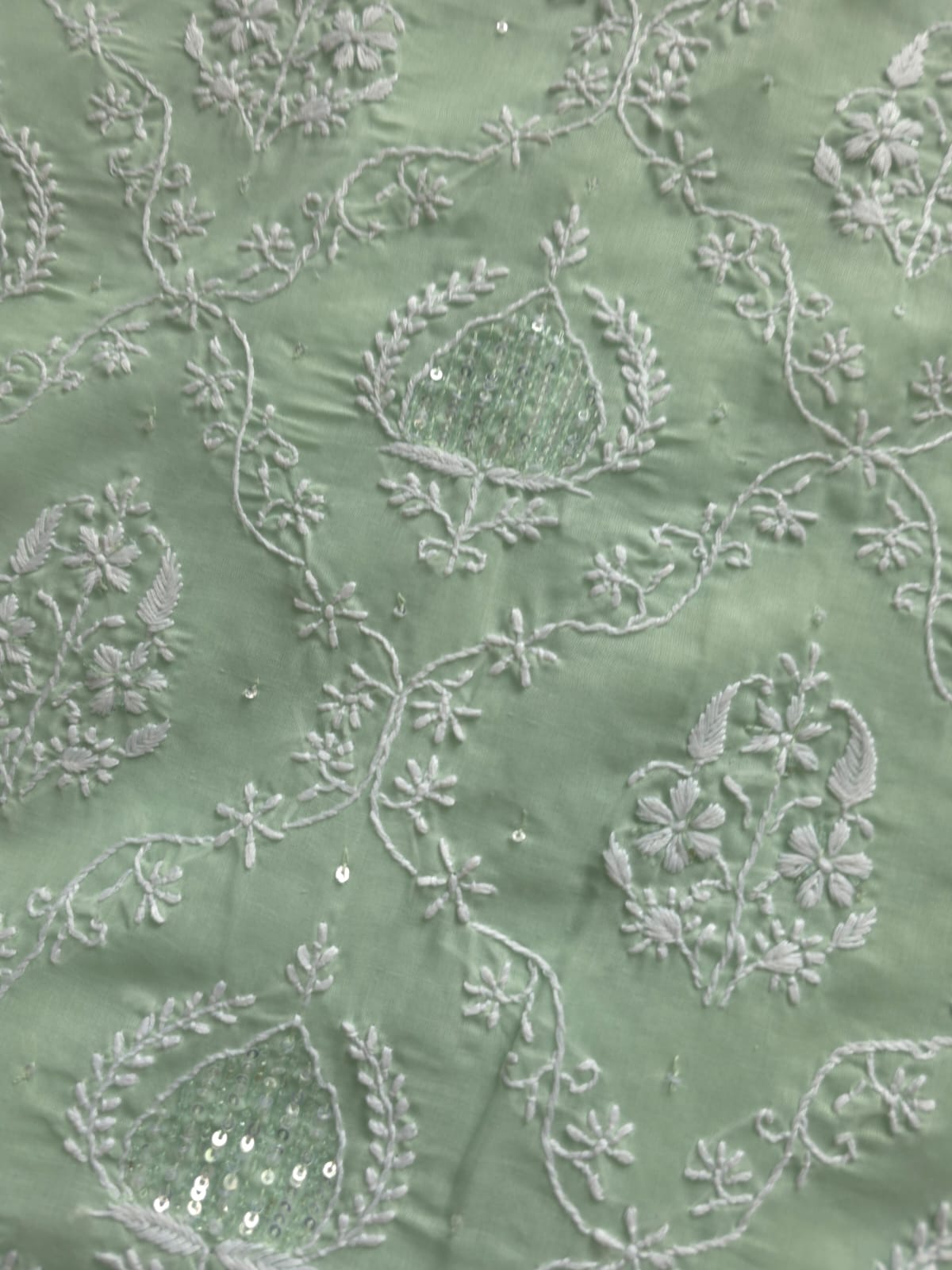 Sage Green Designer cotton Full Suit with Pearl Cutdana