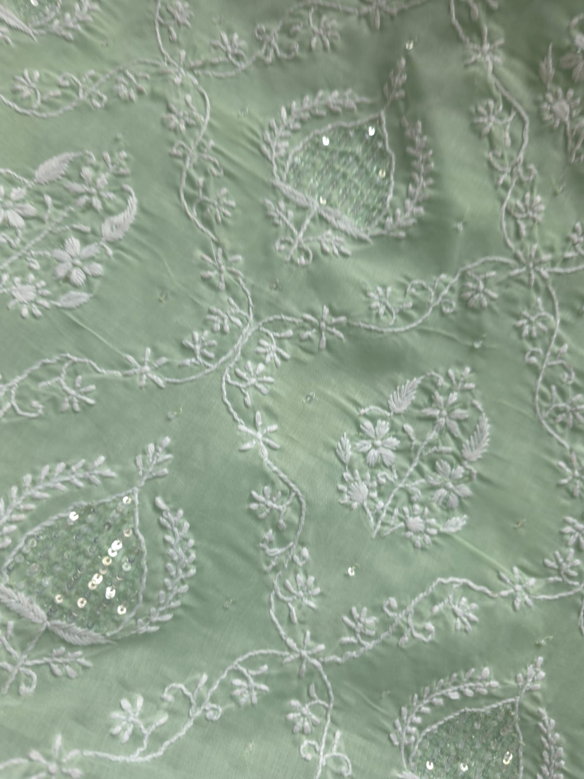 Sage Green Designer cotton Full Suit with Pearl Cutdana