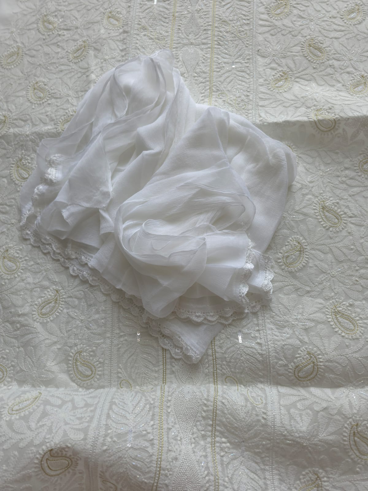 Pristine White suit with exquisite jaal chikan and heavy pearl cutdana