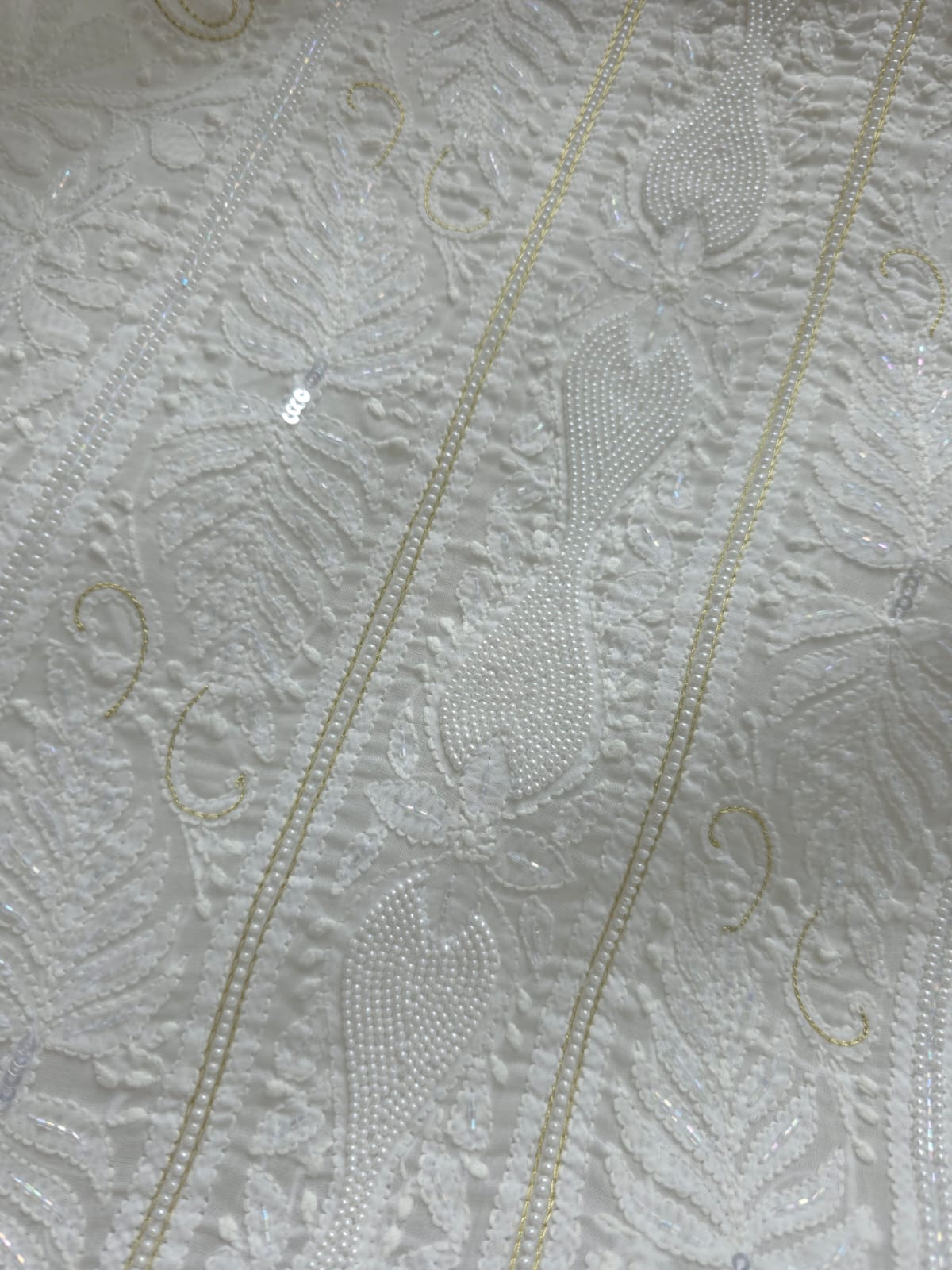 Pristine White suit with exquisite jaal chikan and heavy pearl cutdana