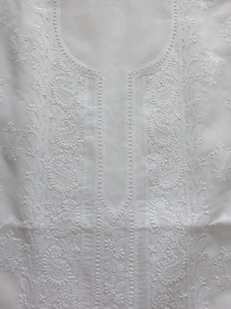 Image of White Cotton Kurta fabric with Chikankari and jaaliwork
