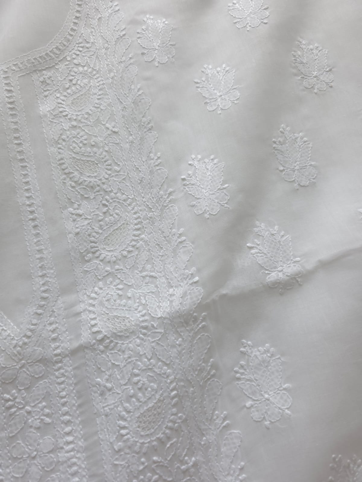 White Cotton Kurta fabric with Chikankari and jaaliwork