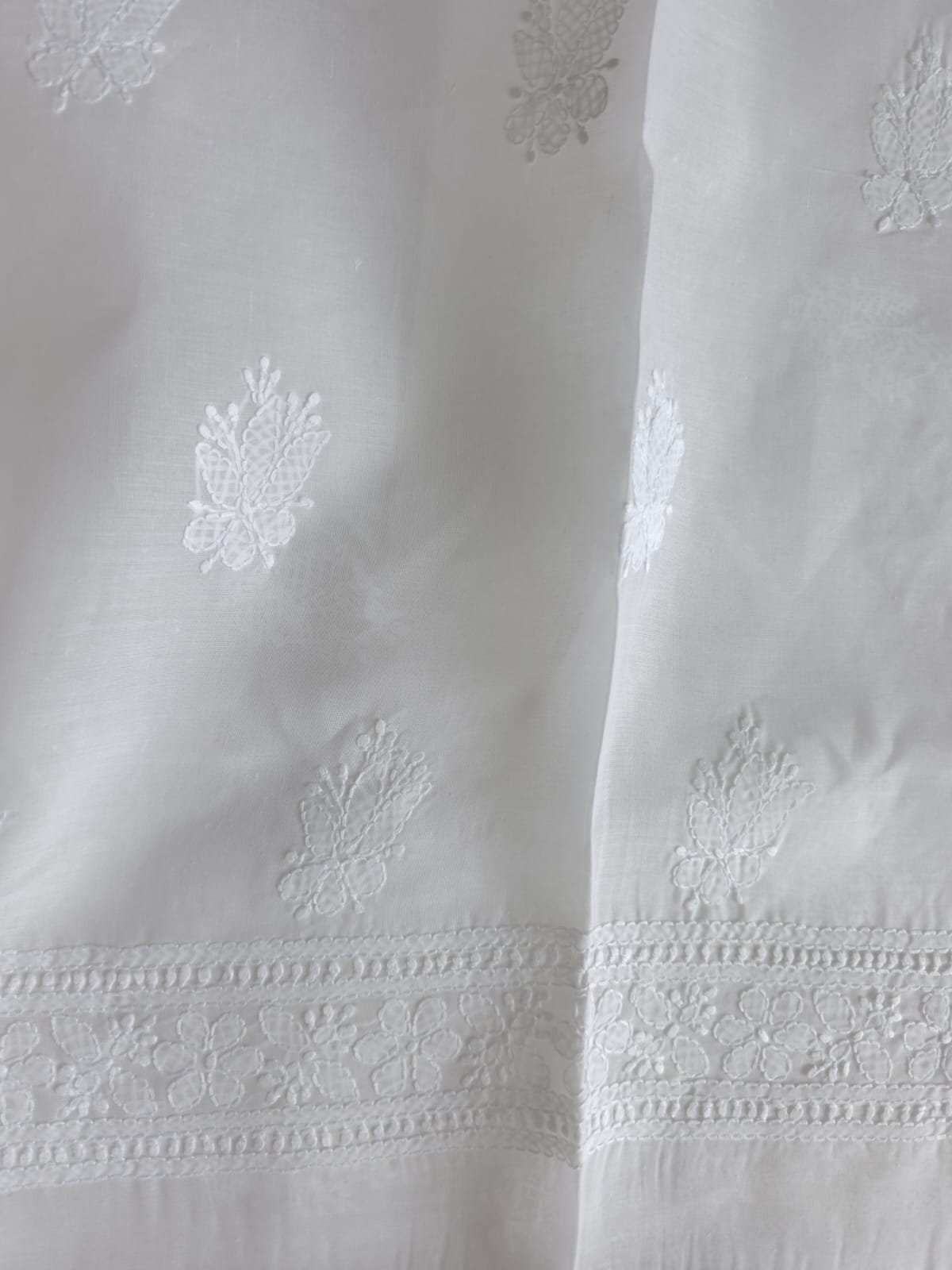 White Cotton Kurta fabric with Chikankari and jaaliwork