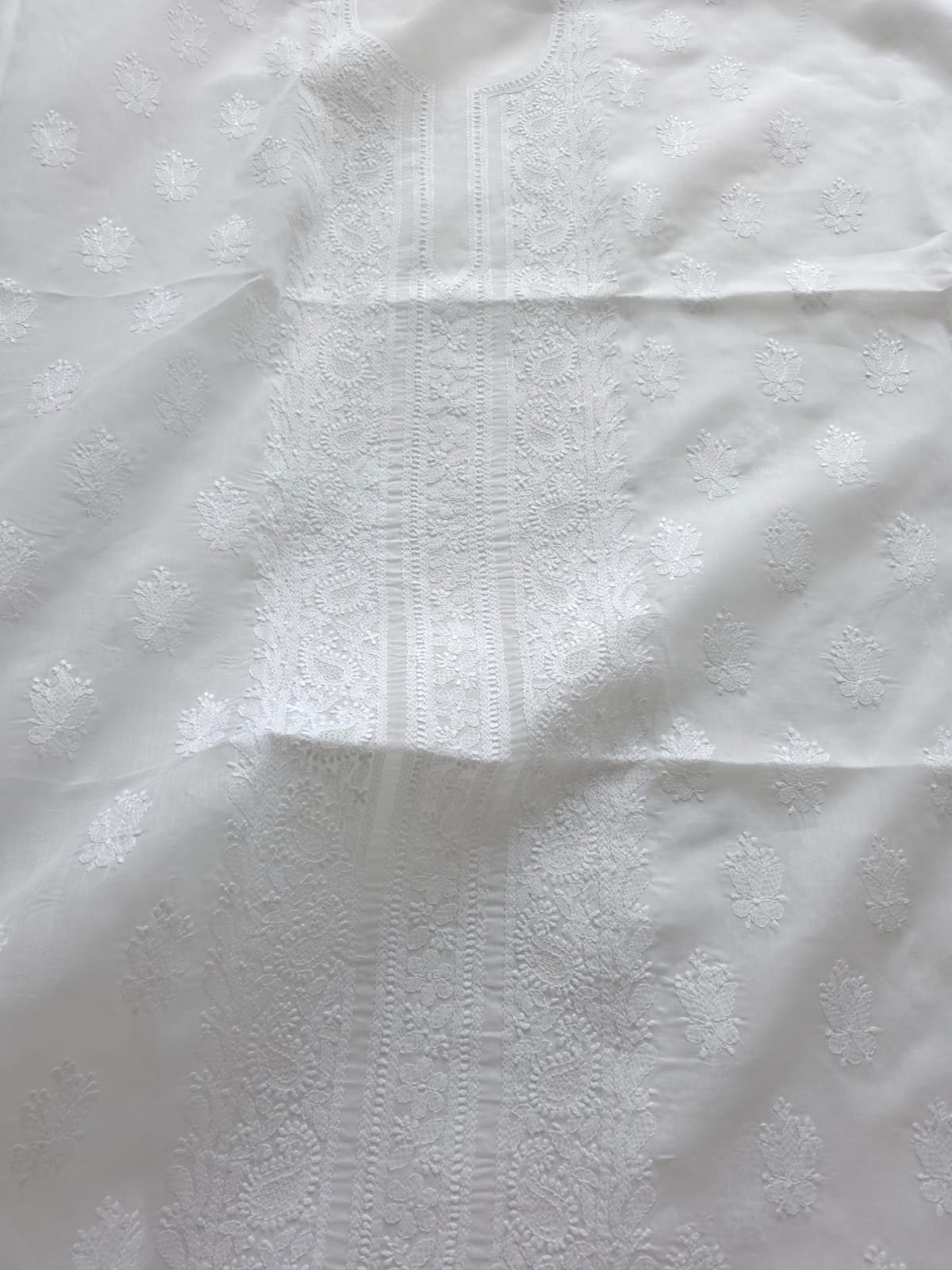 White Cotton Kurta fabric with Chikankari and jaaliwork