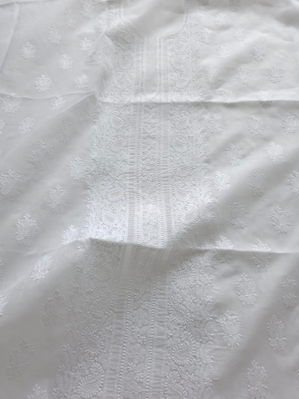 White Cotton Kurta fabric with Chikankari and jaaliwork