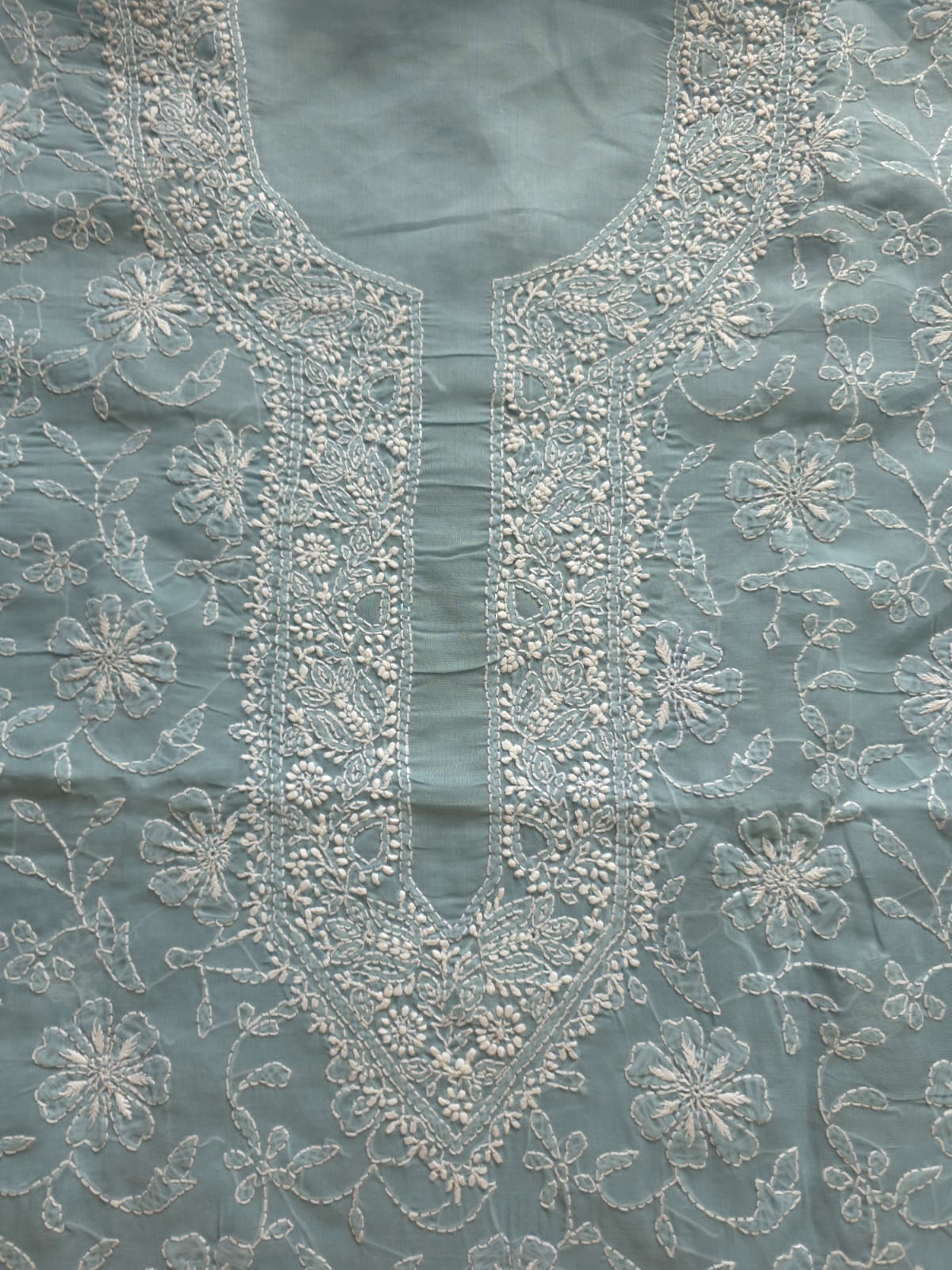Grey cotton Kurta fabric with fine chikankari