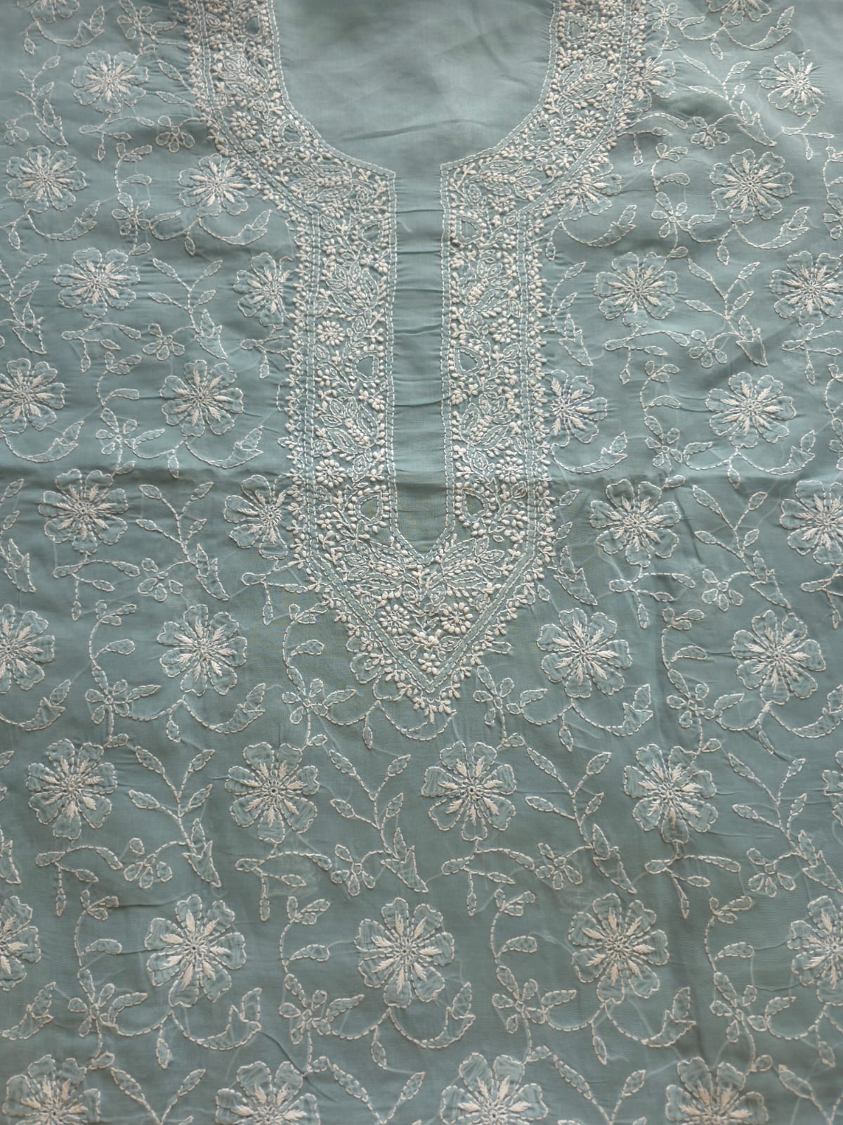 Grey cotton Kurta fabric with fine chikankari