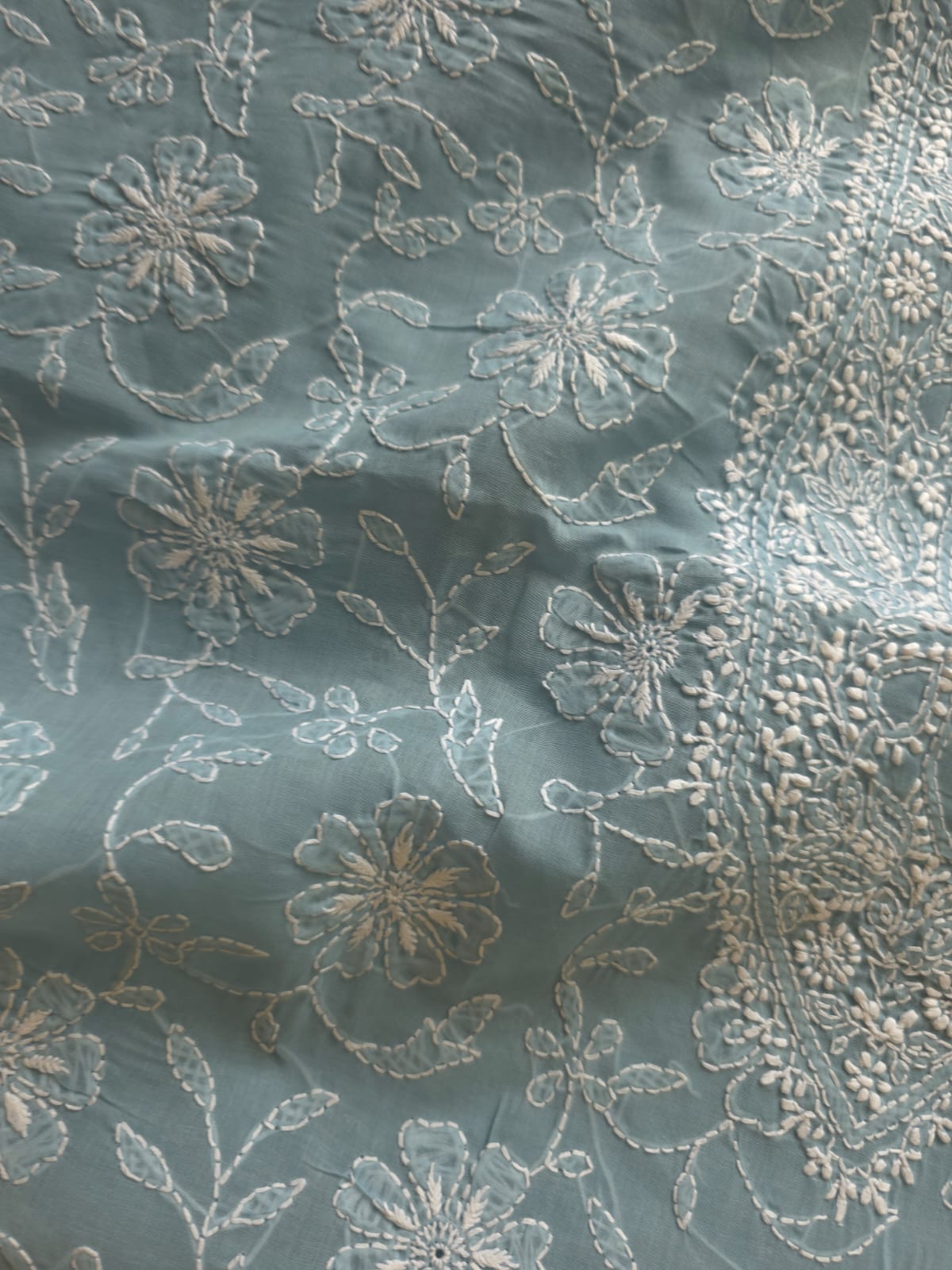 Grey cotton Kurta fabric with fine chikankari