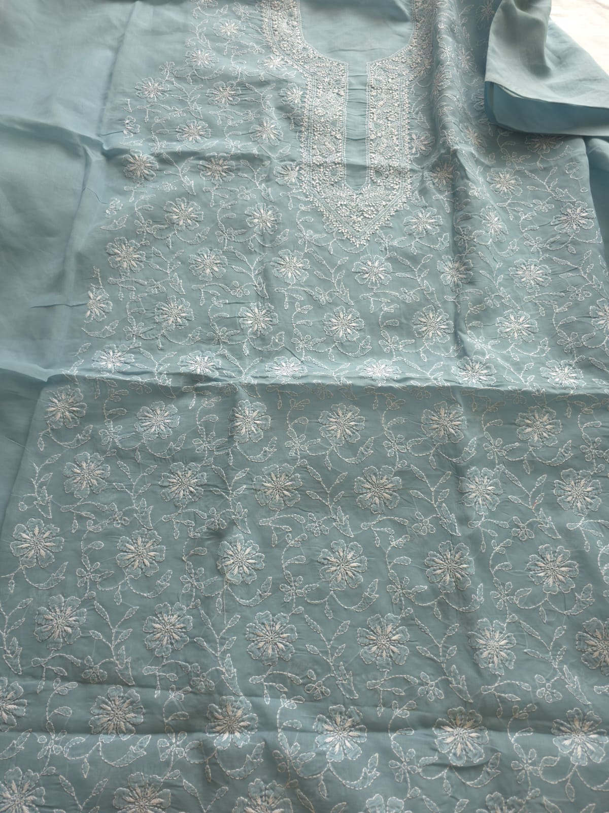 Grey cotton Kurta fabric with fine chikankari