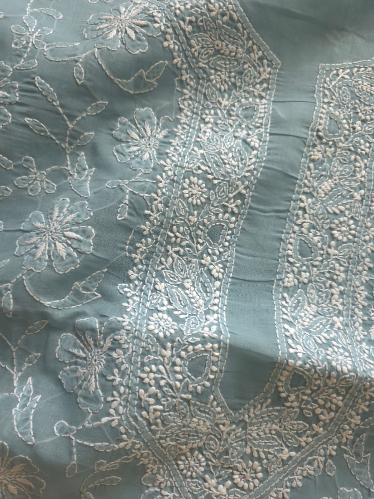 Grey cotton Kurta fabric with fine chikankari