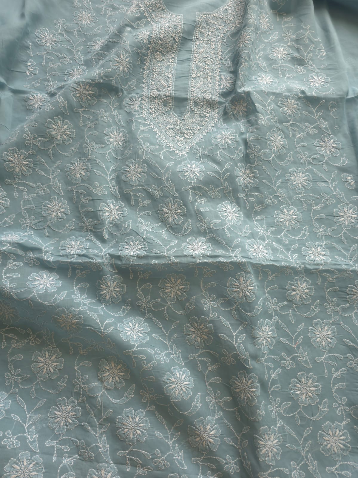 Grey cotton Kurta fabric with fine chikankari
