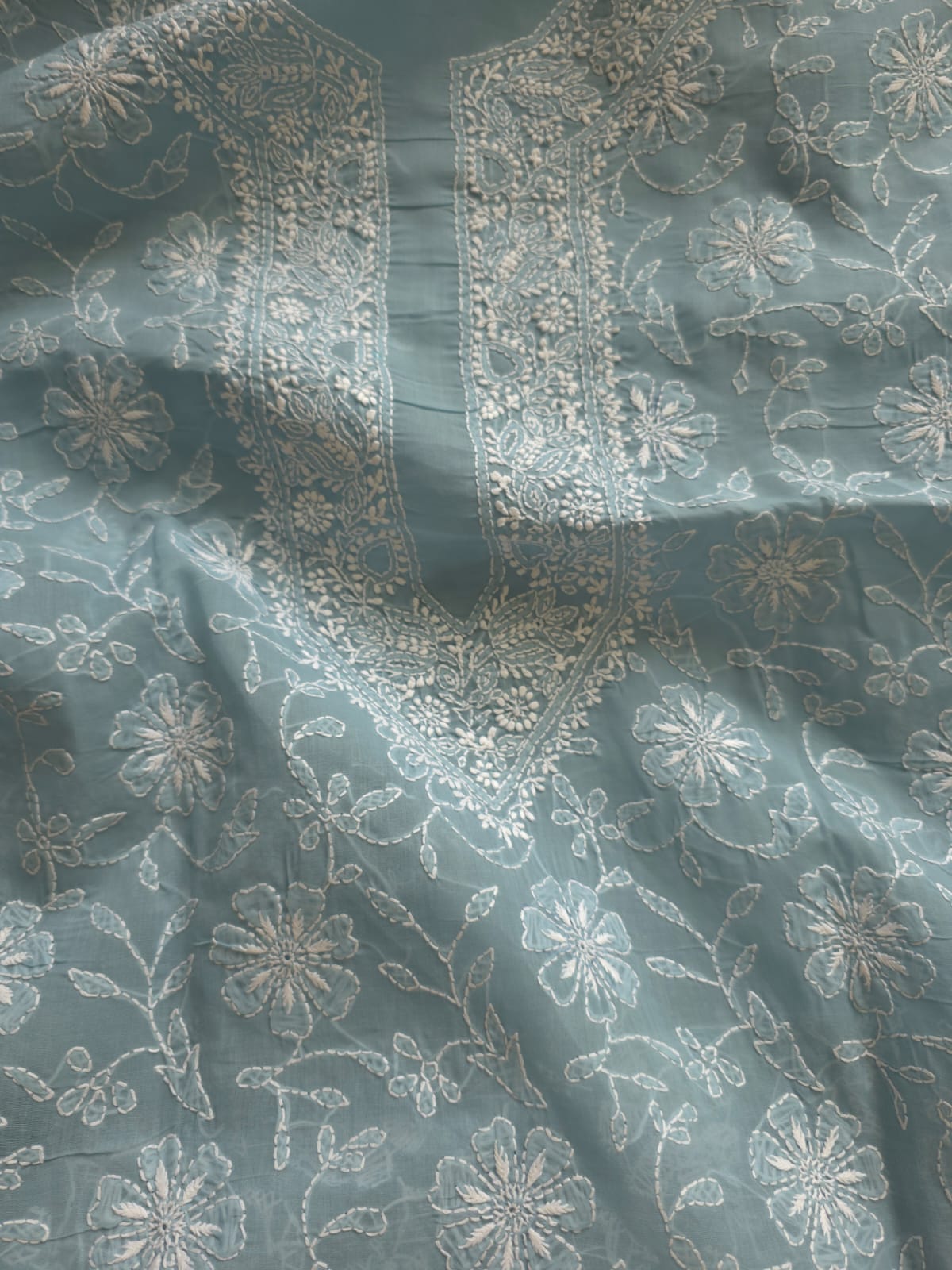Grey cotton Kurta fabric with fine chikankari