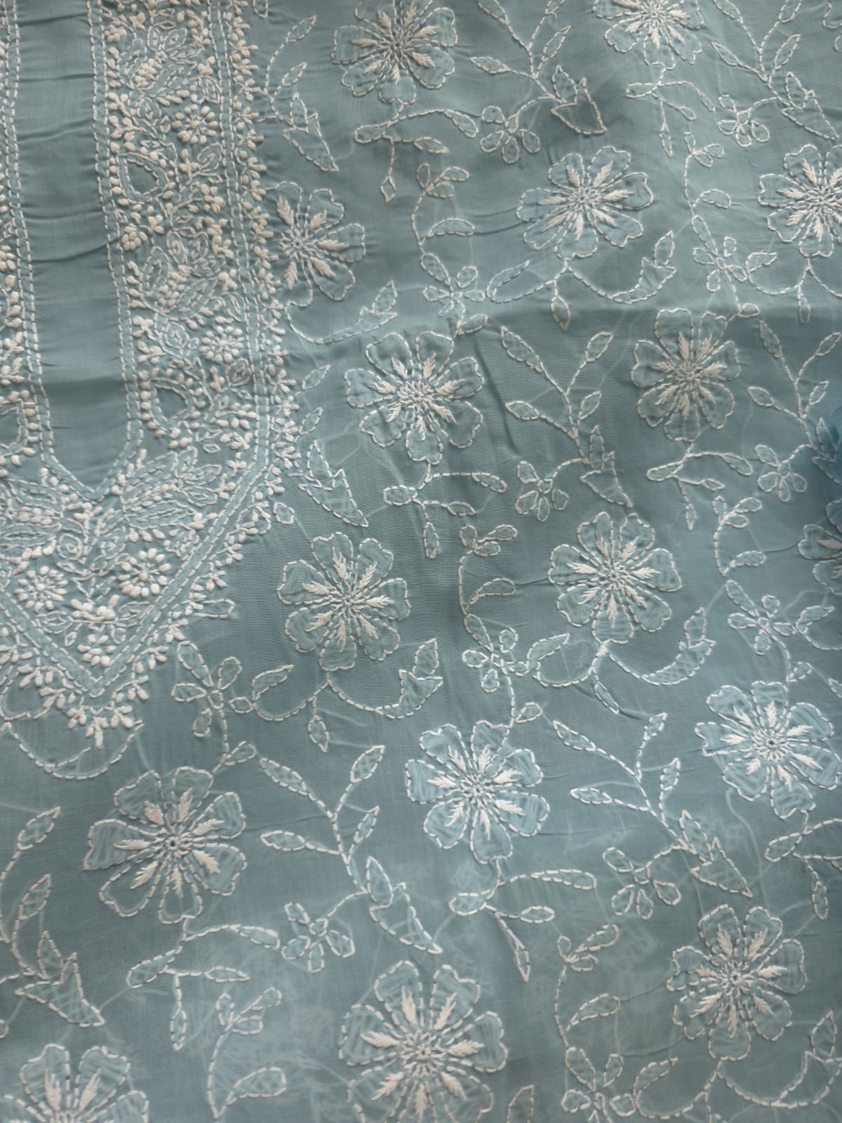 Grey cotton Kurta fabric with fine chikankari