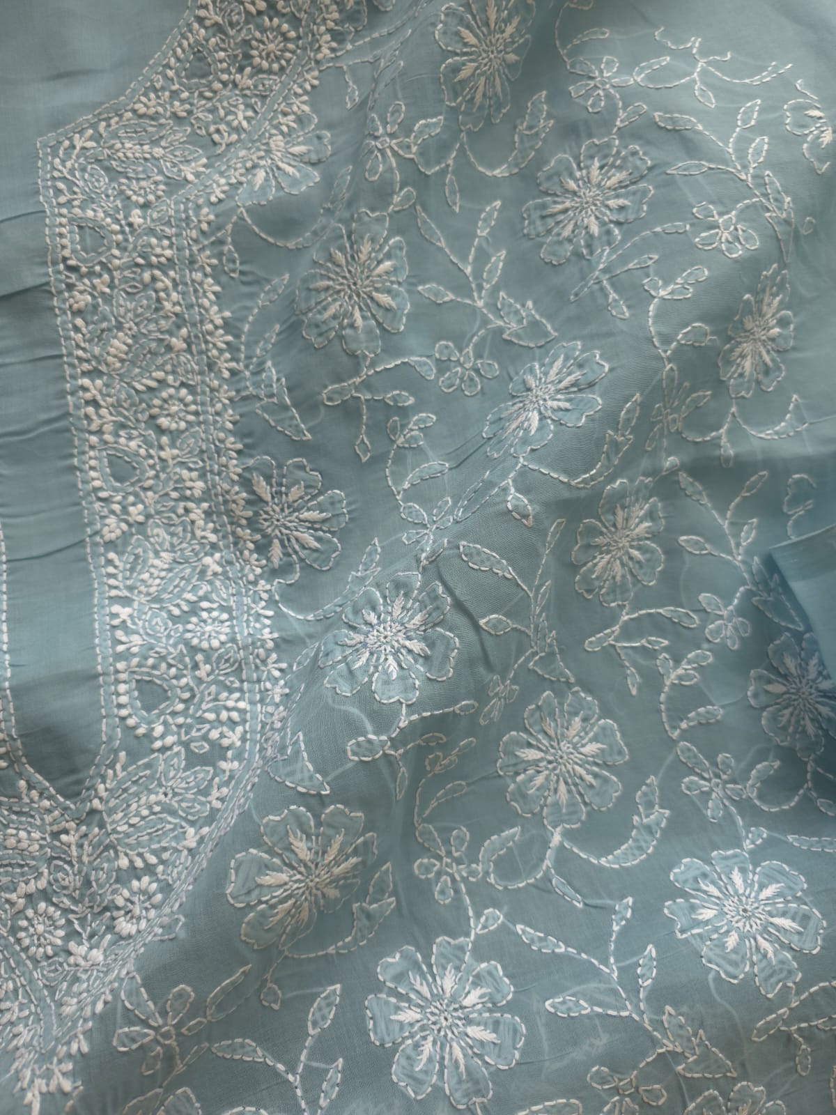 Grey cotton Kurta fabric with fine chikankari