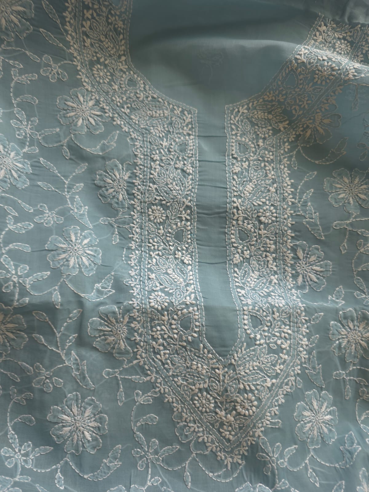 Grey cotton Kurta fabric with fine chikankari