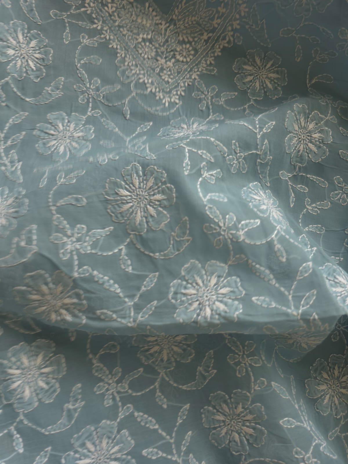 Grey cotton Kurta fabric with fine chikankari