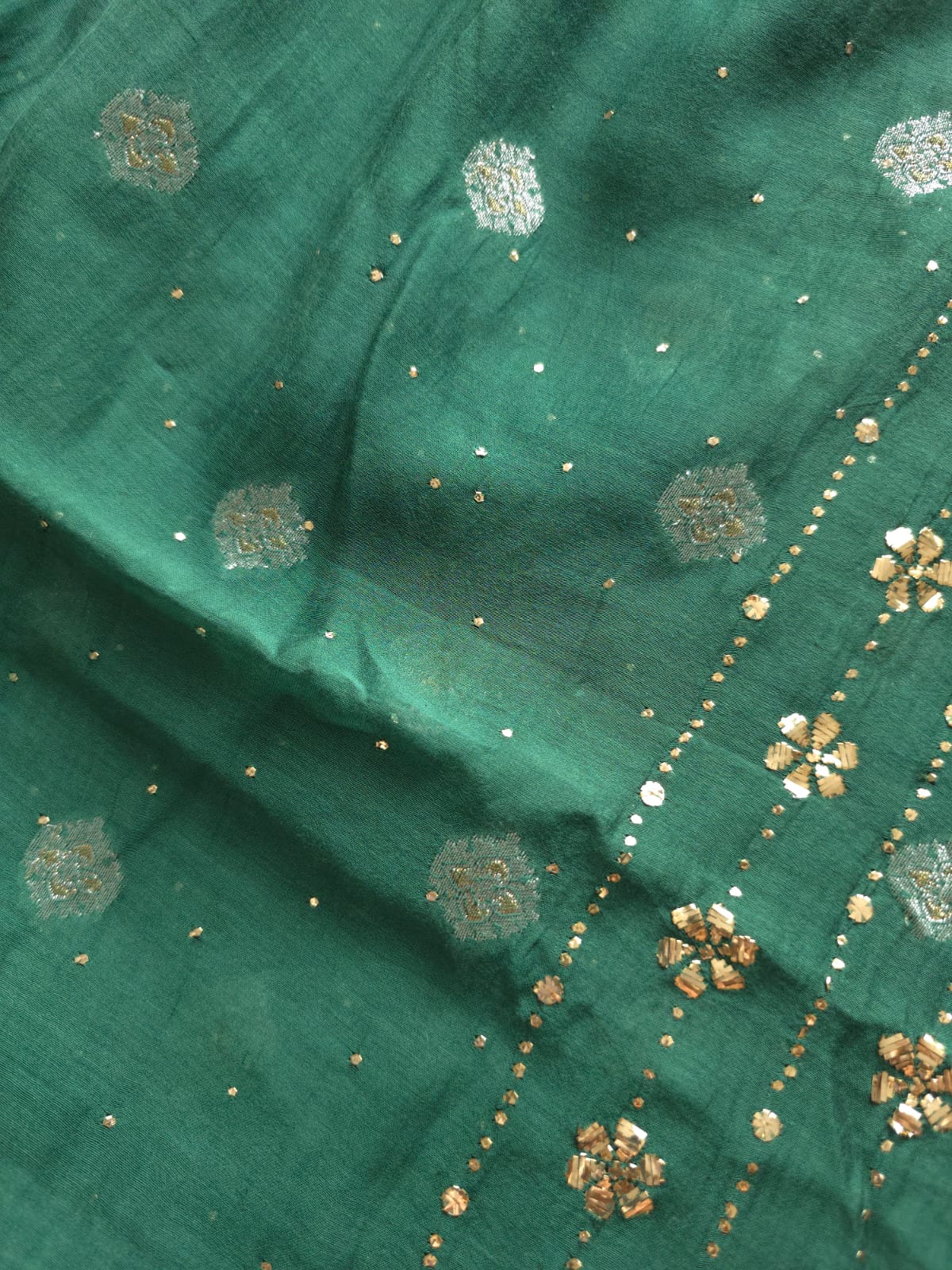 Bottle Green Mul chanderi zari weaved unstitched kurta and dupatta with chaloo Mukaish