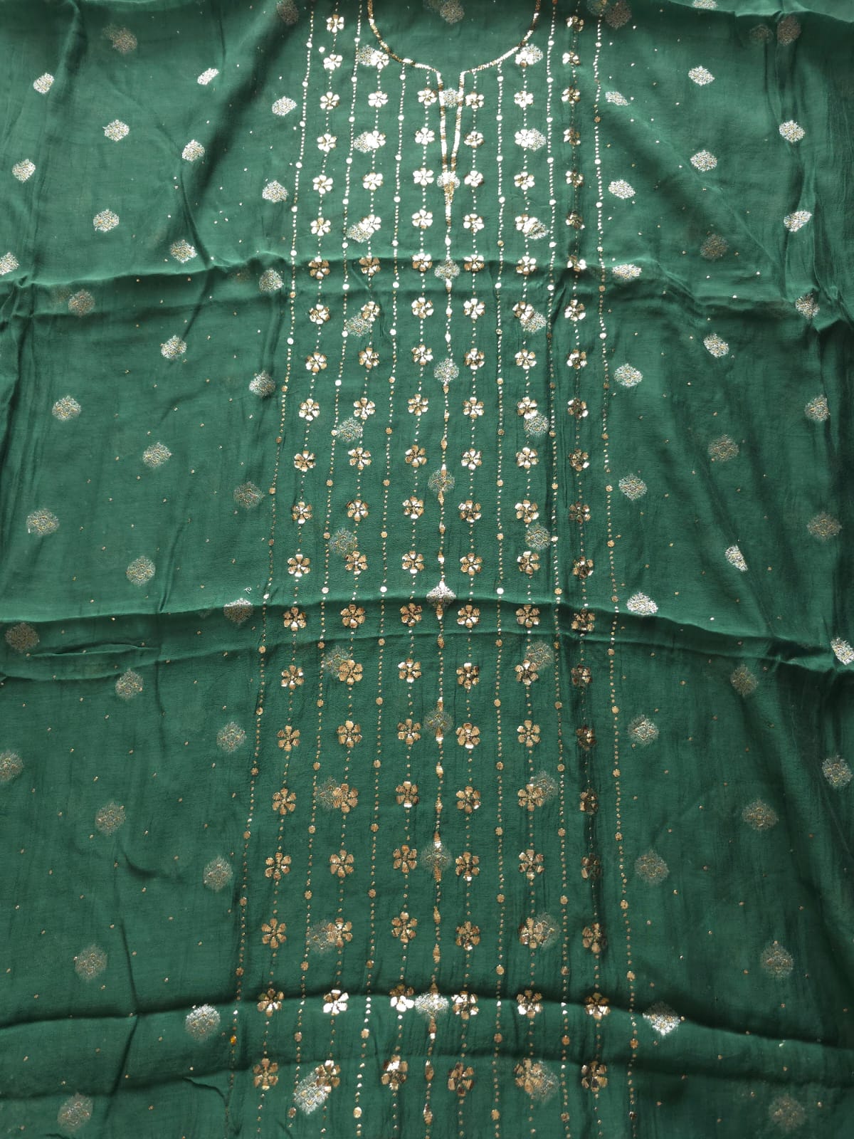 Bottle Green Mul chanderi zari weaved unstitched kurta and dupatta with chaloo Mukaish