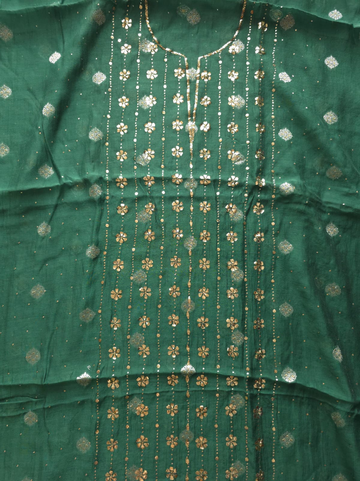 Bottle Green Mul chanderi zari weaved unstitched kurta and dupatta with chaloo Mukaish