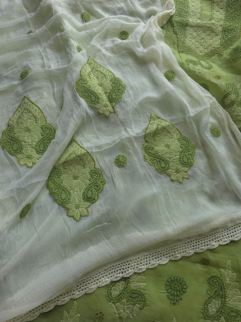 Green And fawn color designer suit with chikan handwork