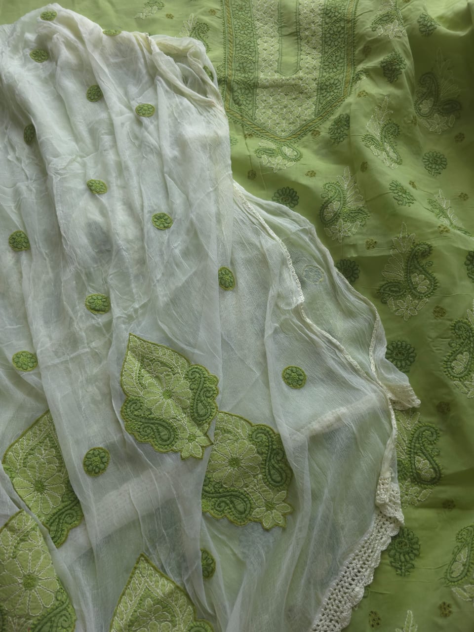 Green And fawn color designer suit with chikan handwork