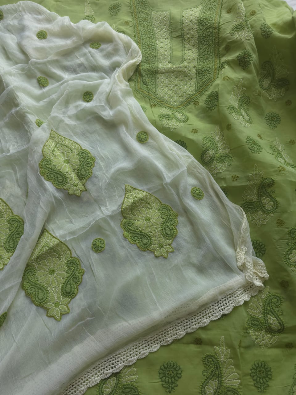 Green And fawn color designer suit with chikan handwork
