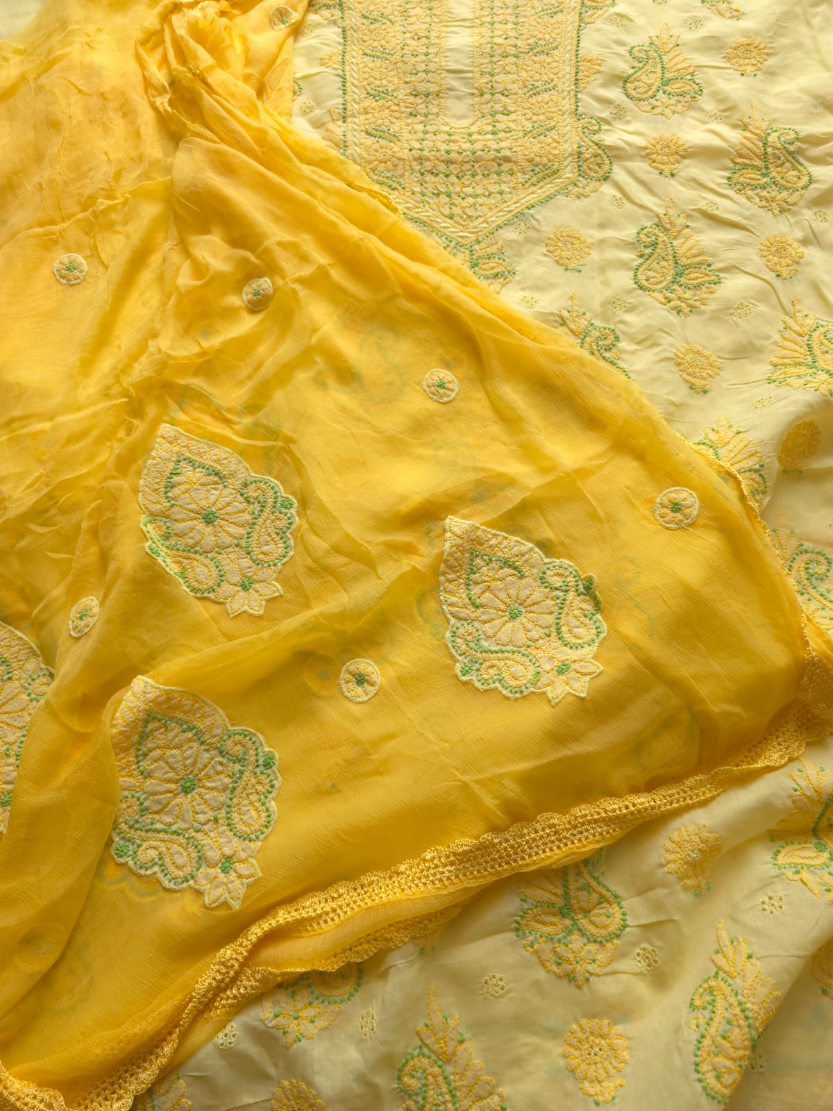 Yellow color Designer cotton suit with Chikan handwork
