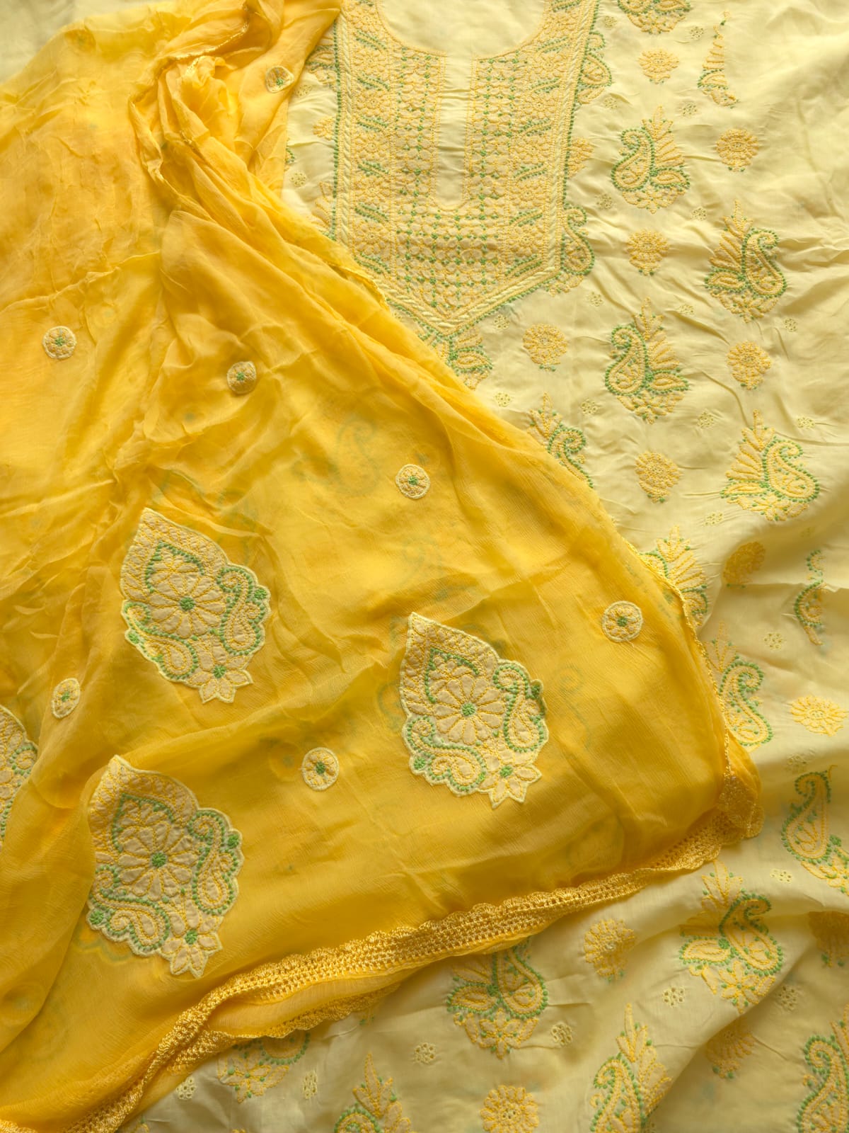 Yellow color Designer cotton suit with Chikan handwork