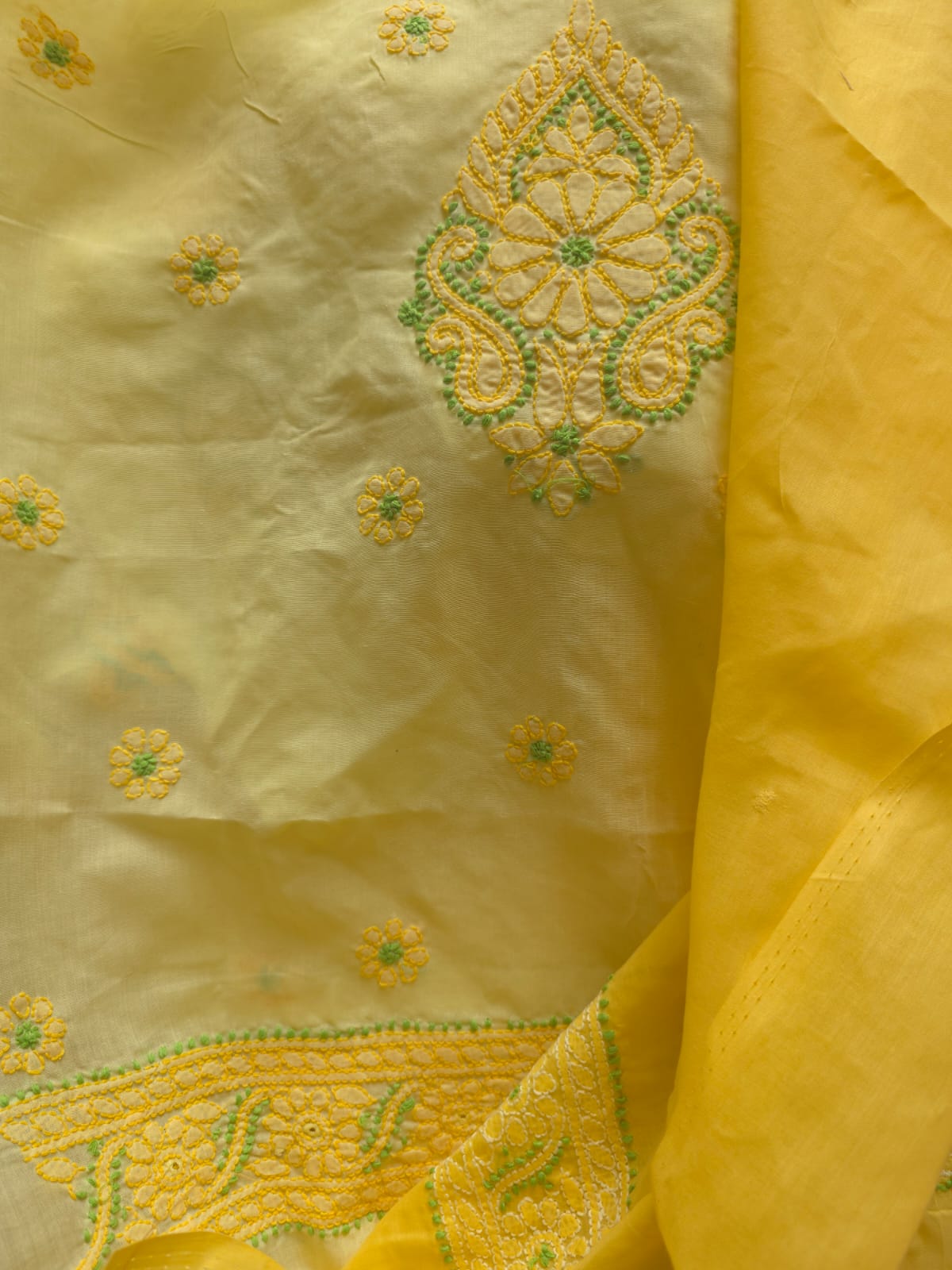Yellow color Designer cotton suit with Chikan handwork