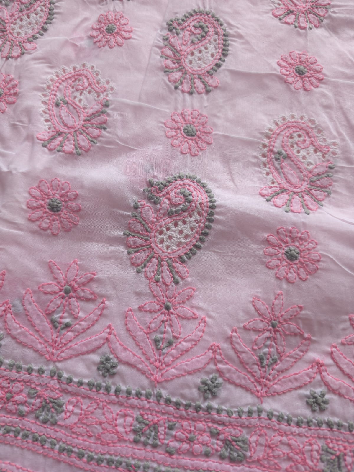 White and pink cotton Designer suit with Fine chikan andwork