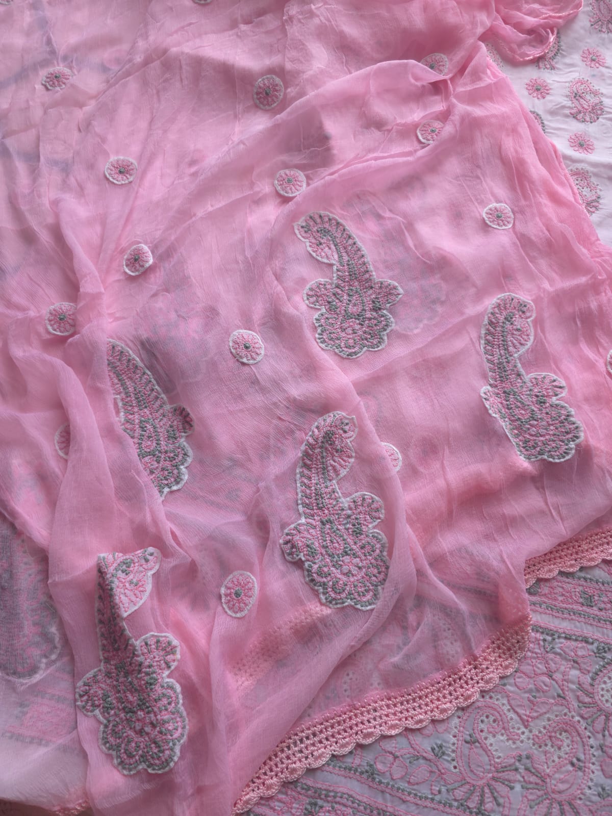 White and pink cotton Designer suit with Fine chikan andwork