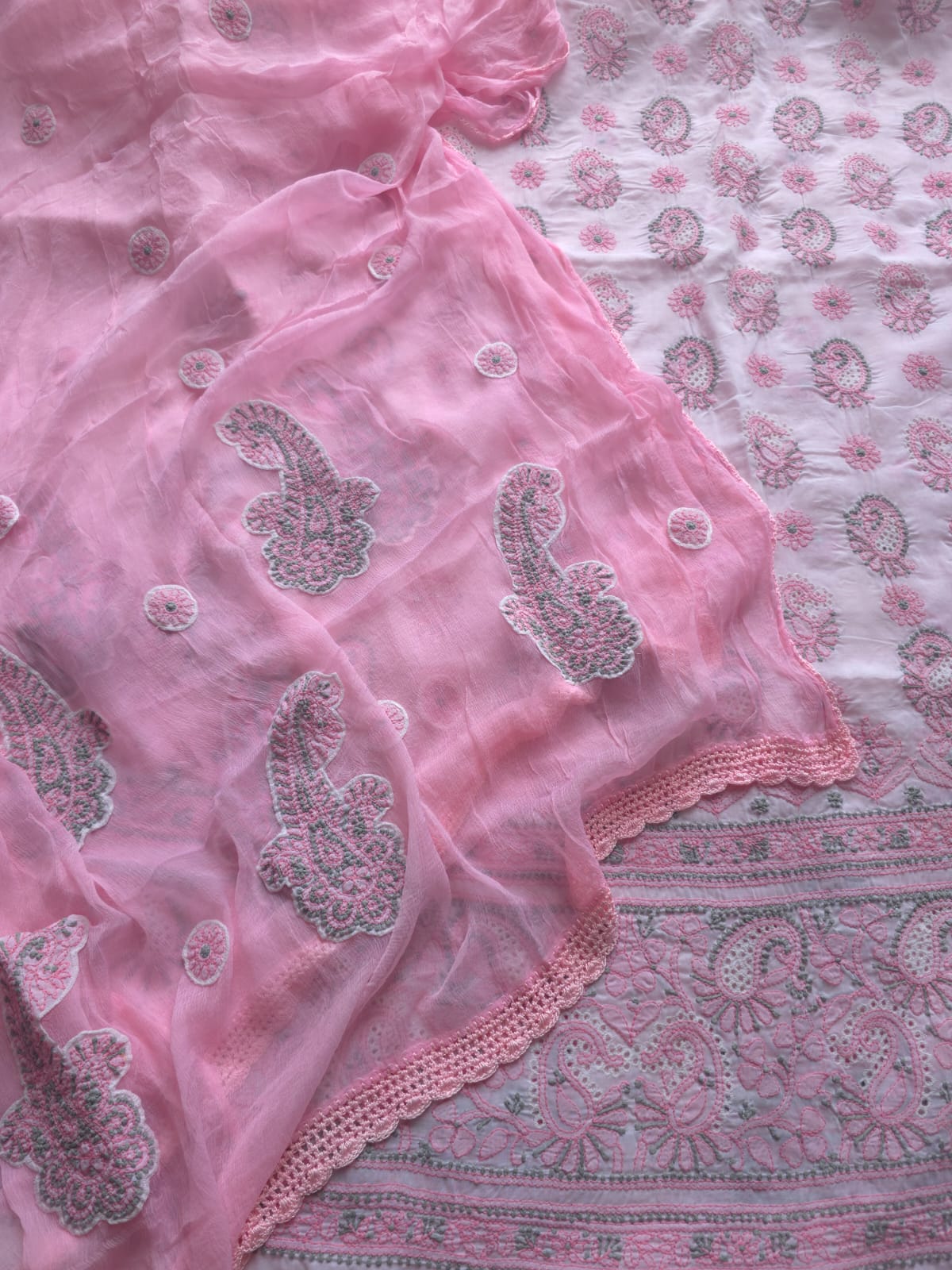White and pink cotton Designer suit with Fine chikan andwork