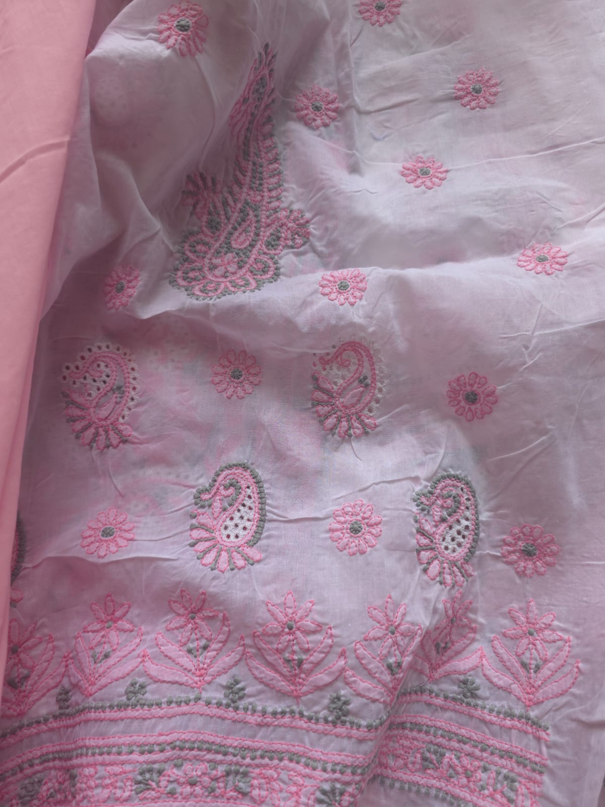 White and pink cotton Designer suit with Fine chikan andwork