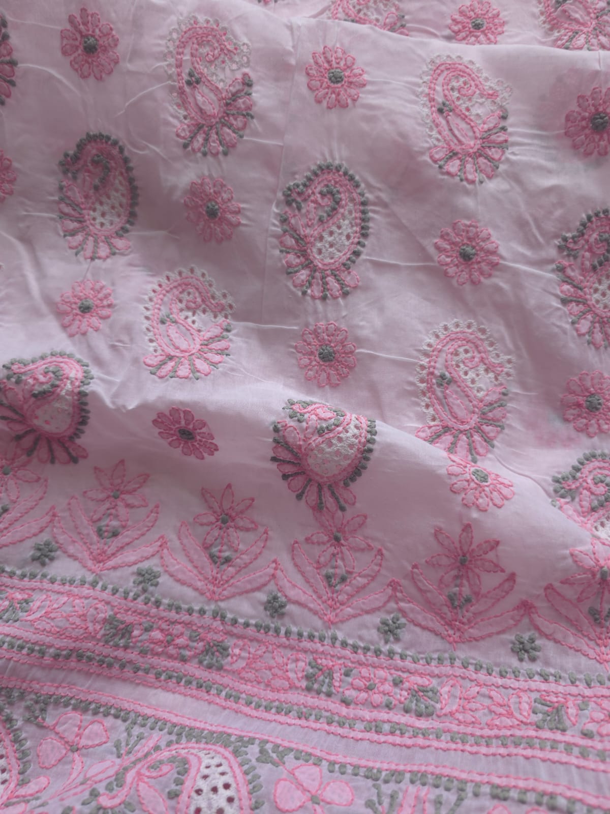 White and pink cotton Designer suit with Fine chikan andwork