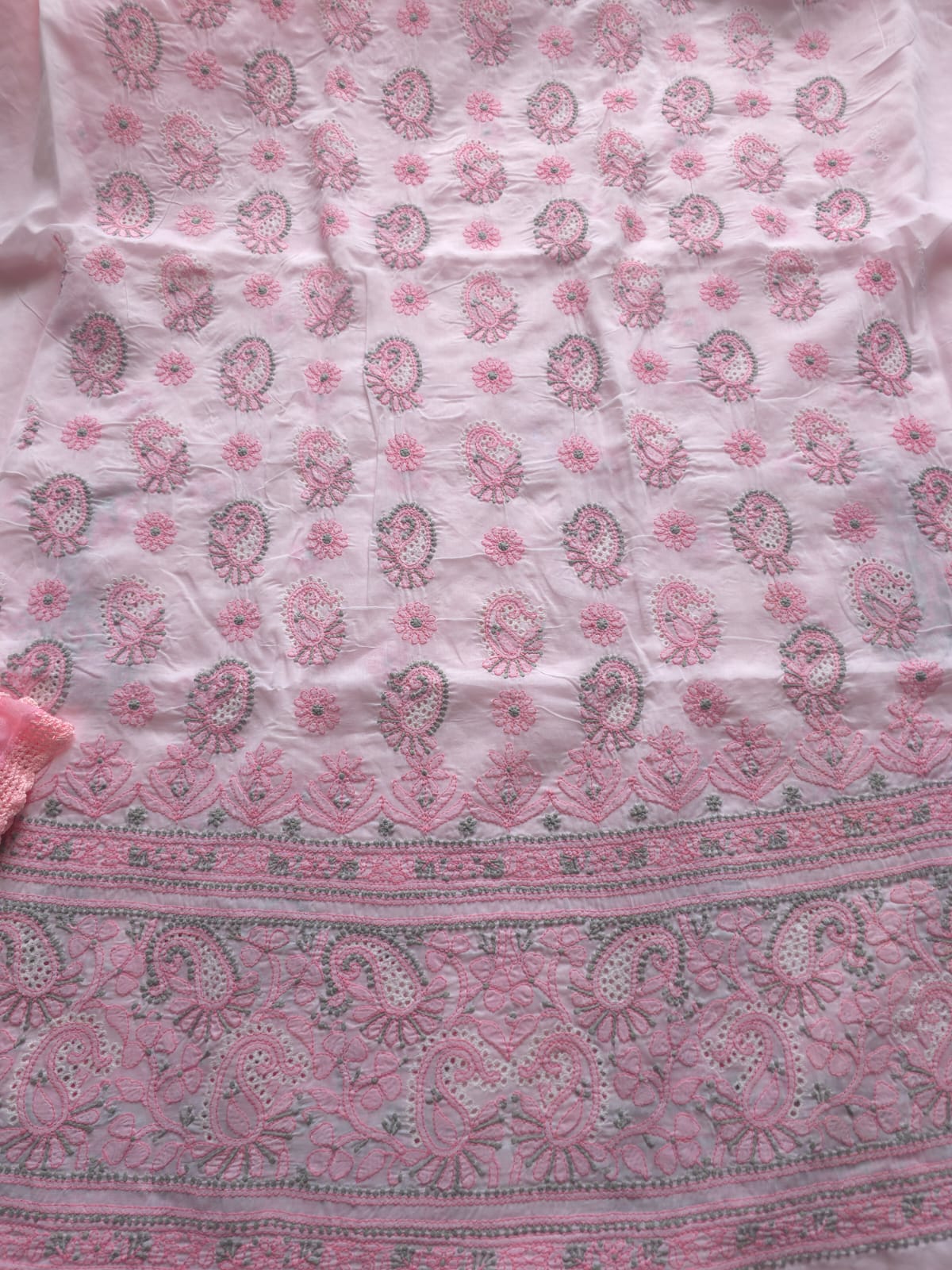White and pink cotton Designer suit with Fine chikan andwork