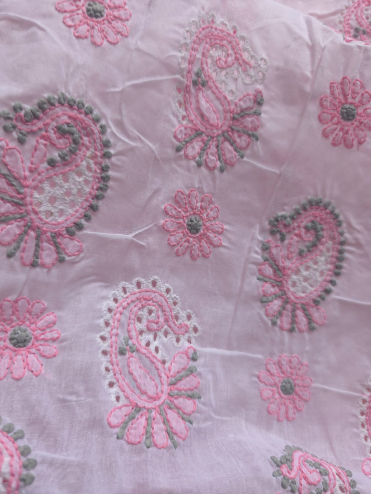 White and pink cotton Designer suit with Fine chikan andwork