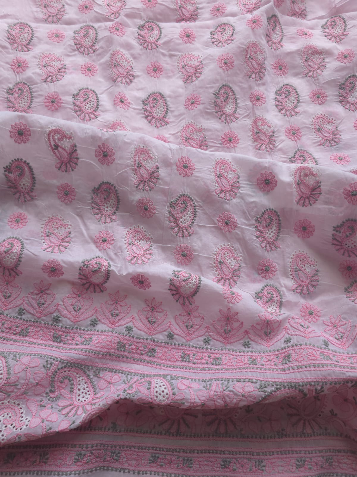 White and pink cotton Designer suit with Fine chikan andwork