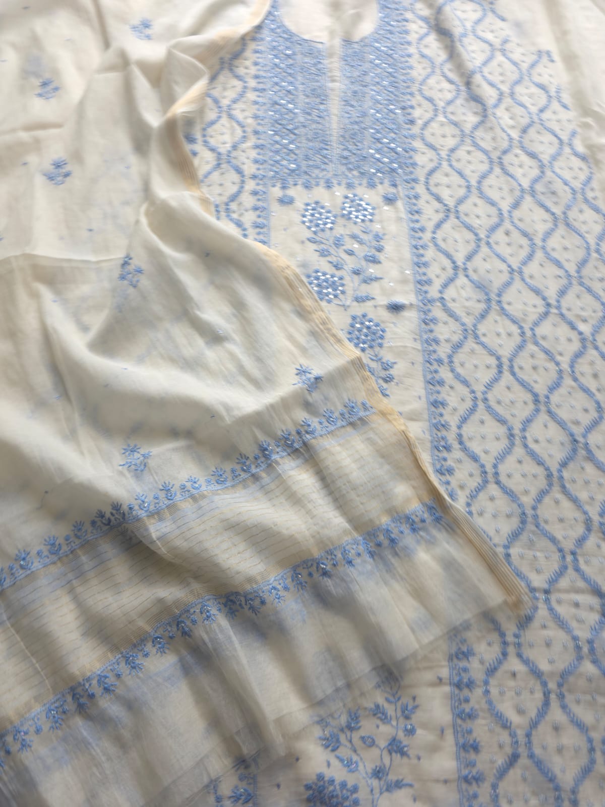 Ivory unstitched kurta and dupatta set with Blue handwork and embellishments