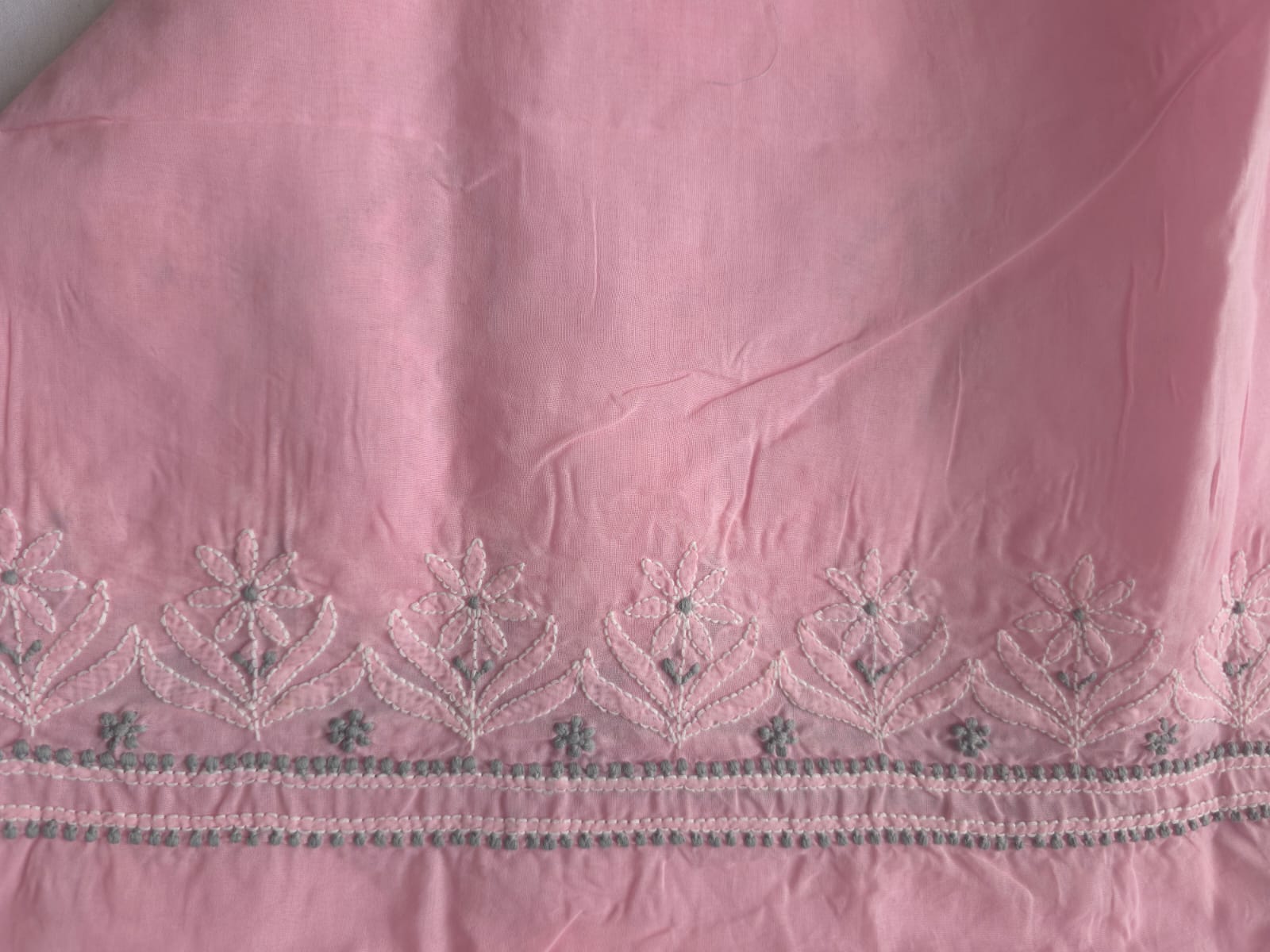 White and pink cotton Designer suit with Fine chikan andwork