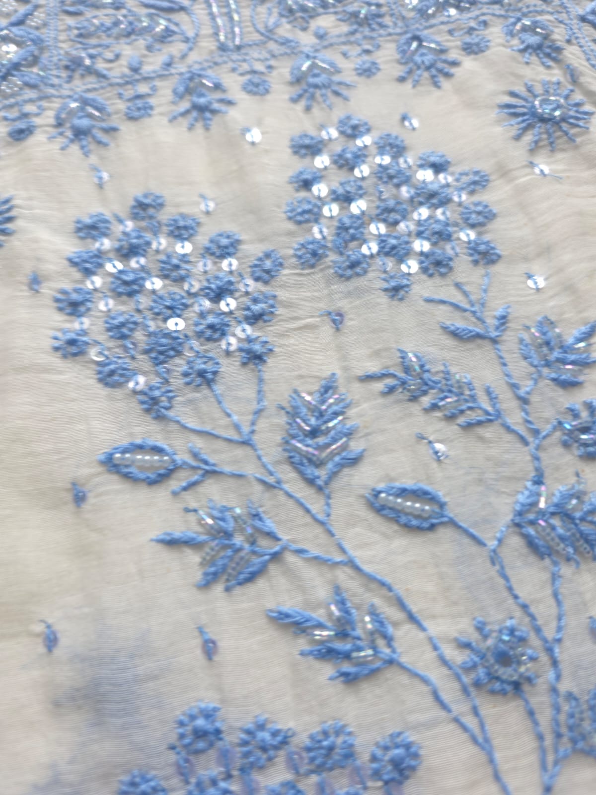 Ivory unstitched kurta and dupatta set with Blue handwork and embellishments