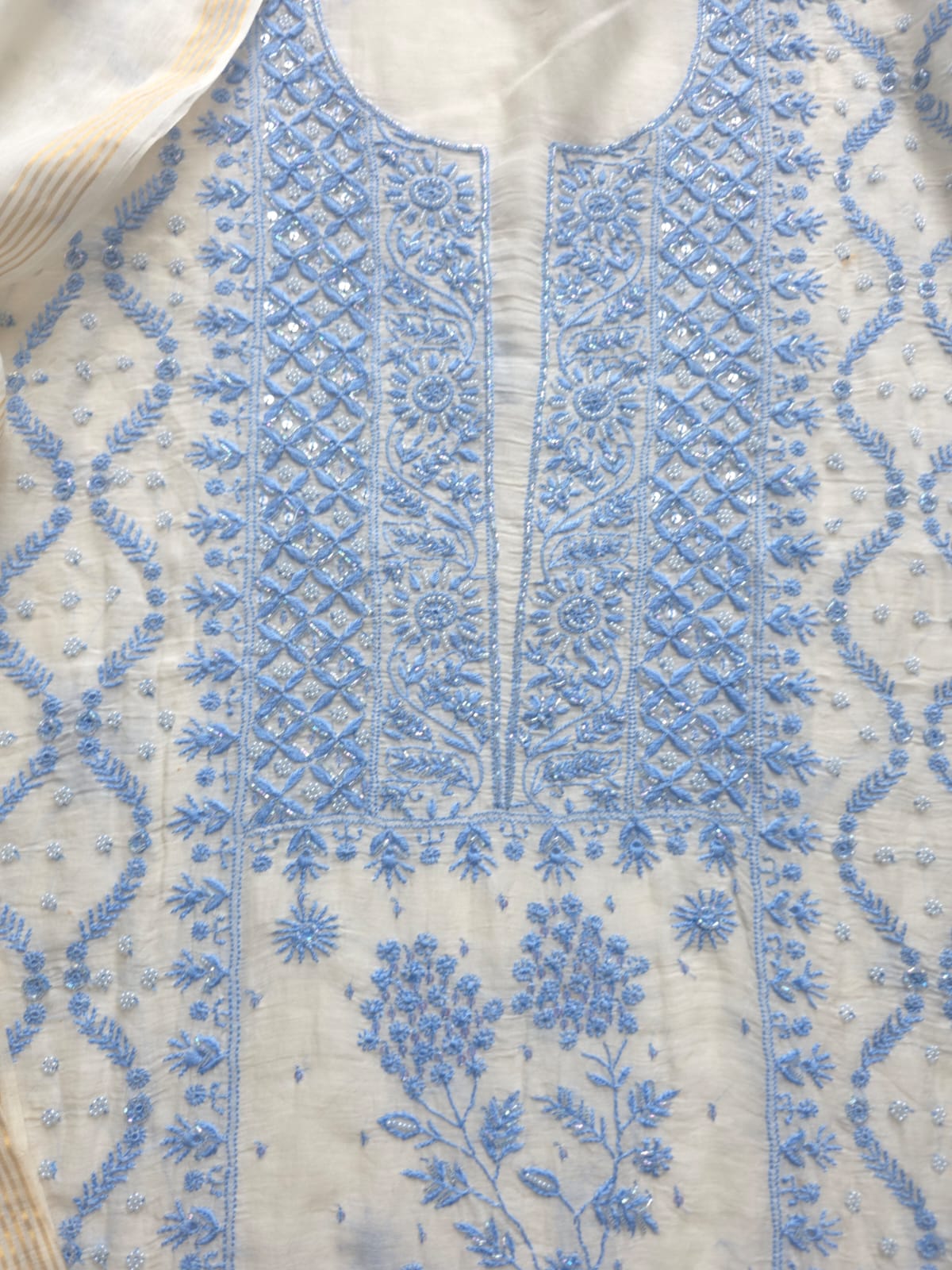 Ivory unstitched kurta and dupatta set with Blue handwork and embellishments