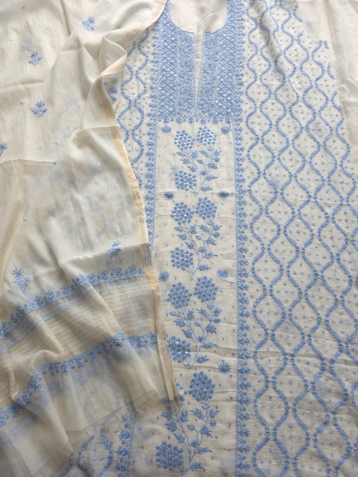 Ivory unstitched kurta and dupatta set with Blue handwork and embellishments