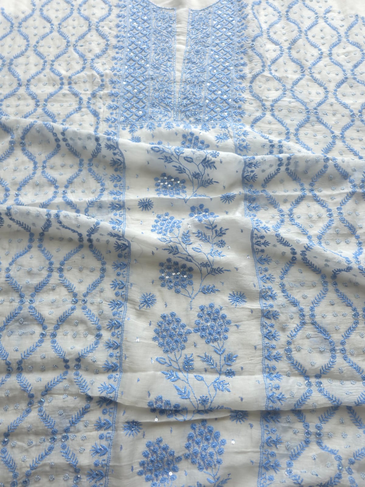 Ivory unstitched kurta and dupatta set with Blue handwork and embellishments