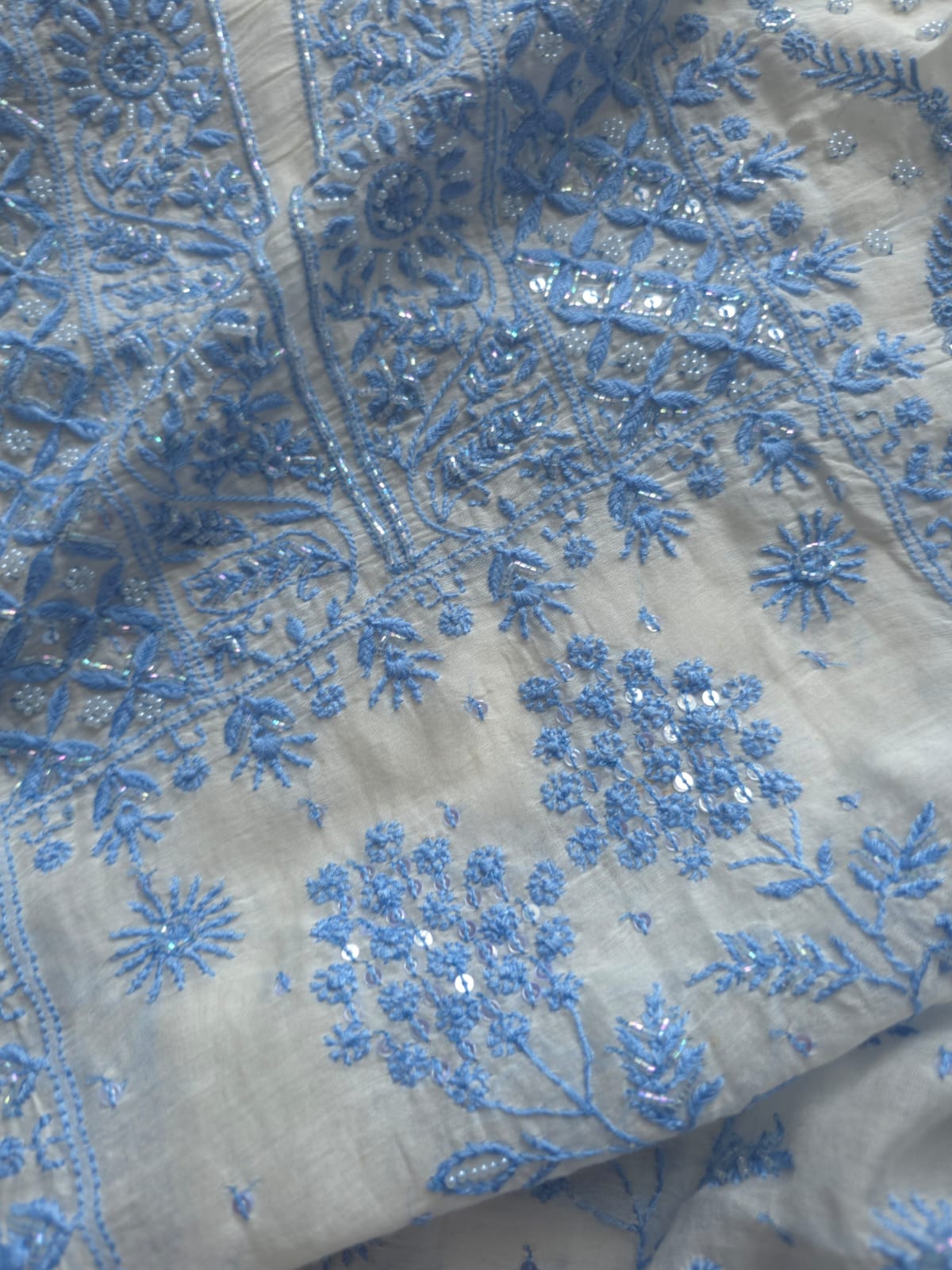 Ivory unstitched kurta and dupatta set with Blue handwork and embellishments