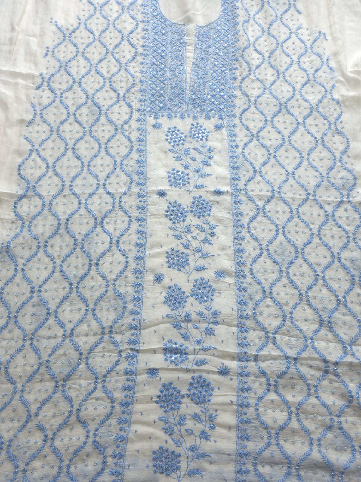 Ivory unstitched kurta and dupatta set with Blue handwork and embellishments