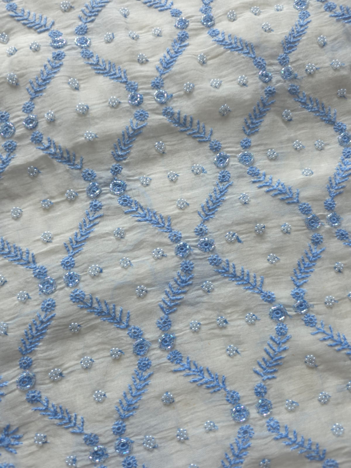 Ivory unstitched kurta and dupatta set with Blue handwork and embellishments