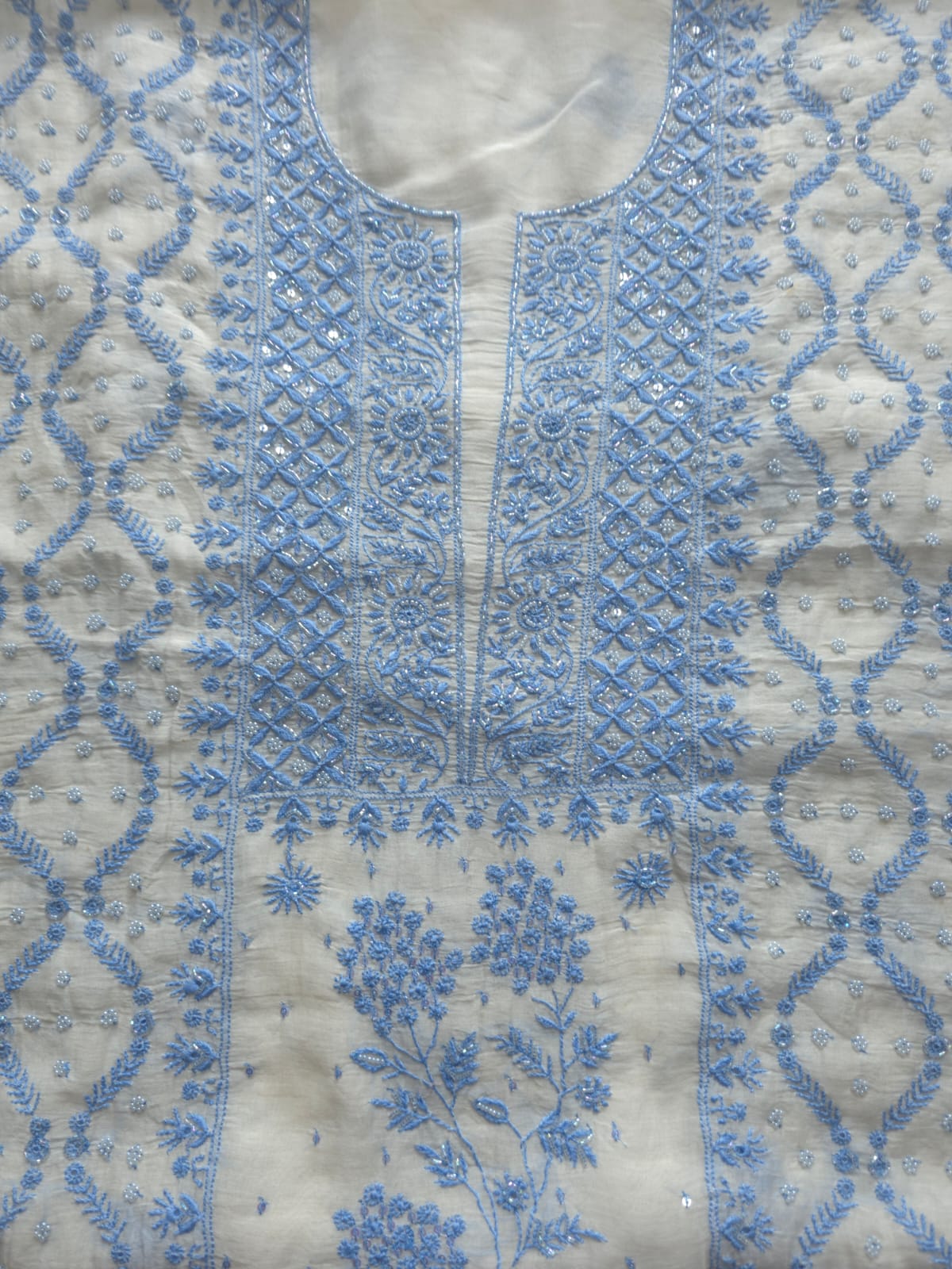 Ivory unstitched kurta and dupatta set with Blue handwork and embellishments