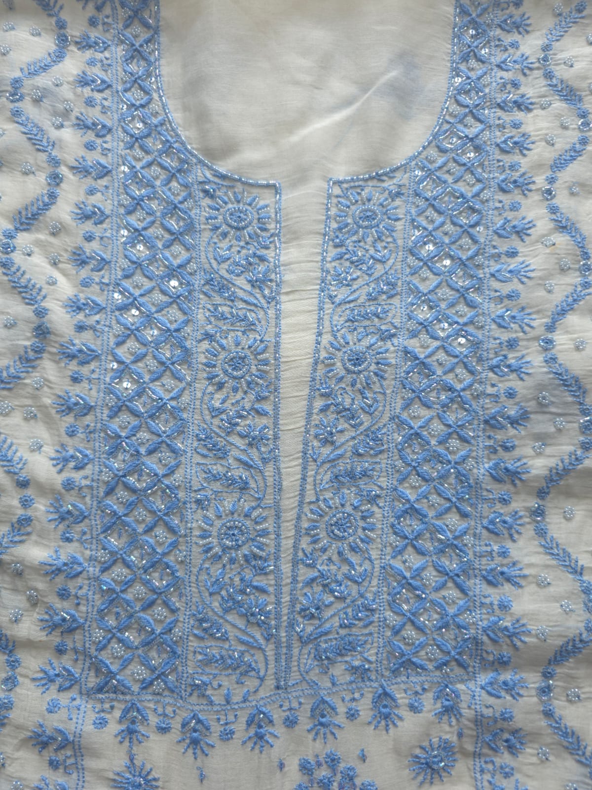 Ivory unstitched kurta and dupatta set with Blue handwork and embellishments