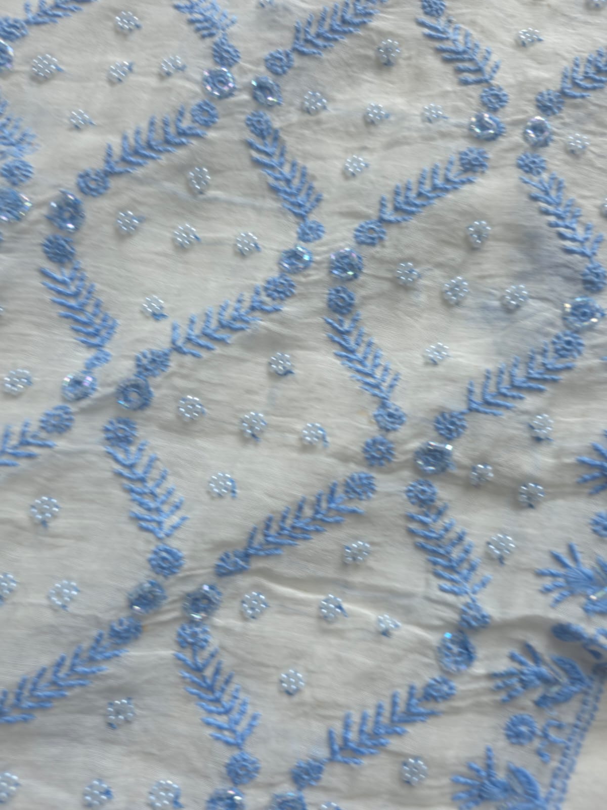 Ivory unstitched kurta and dupatta set with Blue handwork and embellishments