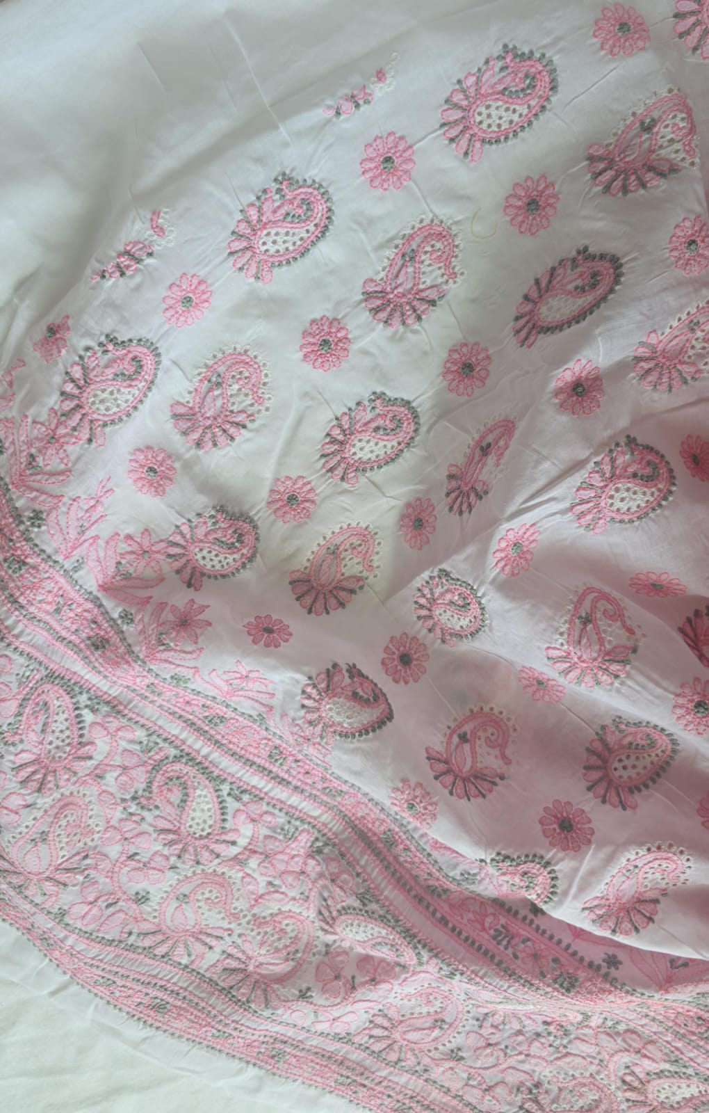 White and pink cotton Designer suit with Fine chikan andwork